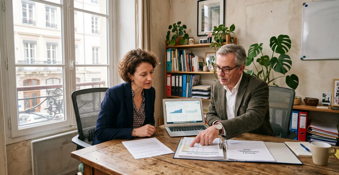 Un dirigeant et une experte-comptable examinent des documents financiers dans un bureau lumineux.