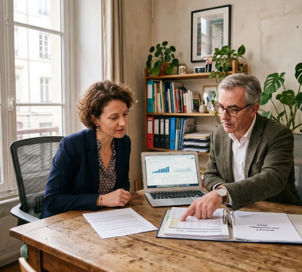 Un dirigeant et une experte-comptable examinent des documents financiers dans un bureau lumineux.
