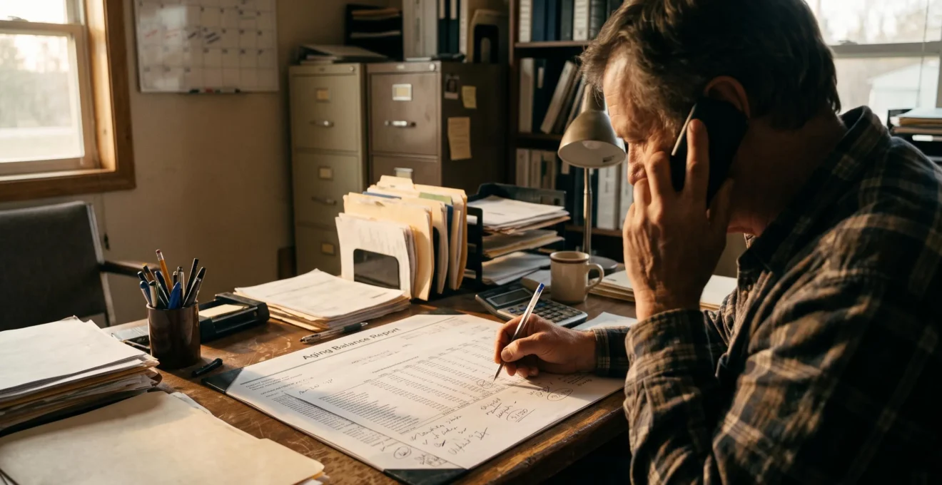 Un dirigeant de PME relance un client par téléphone en prenant des notes.