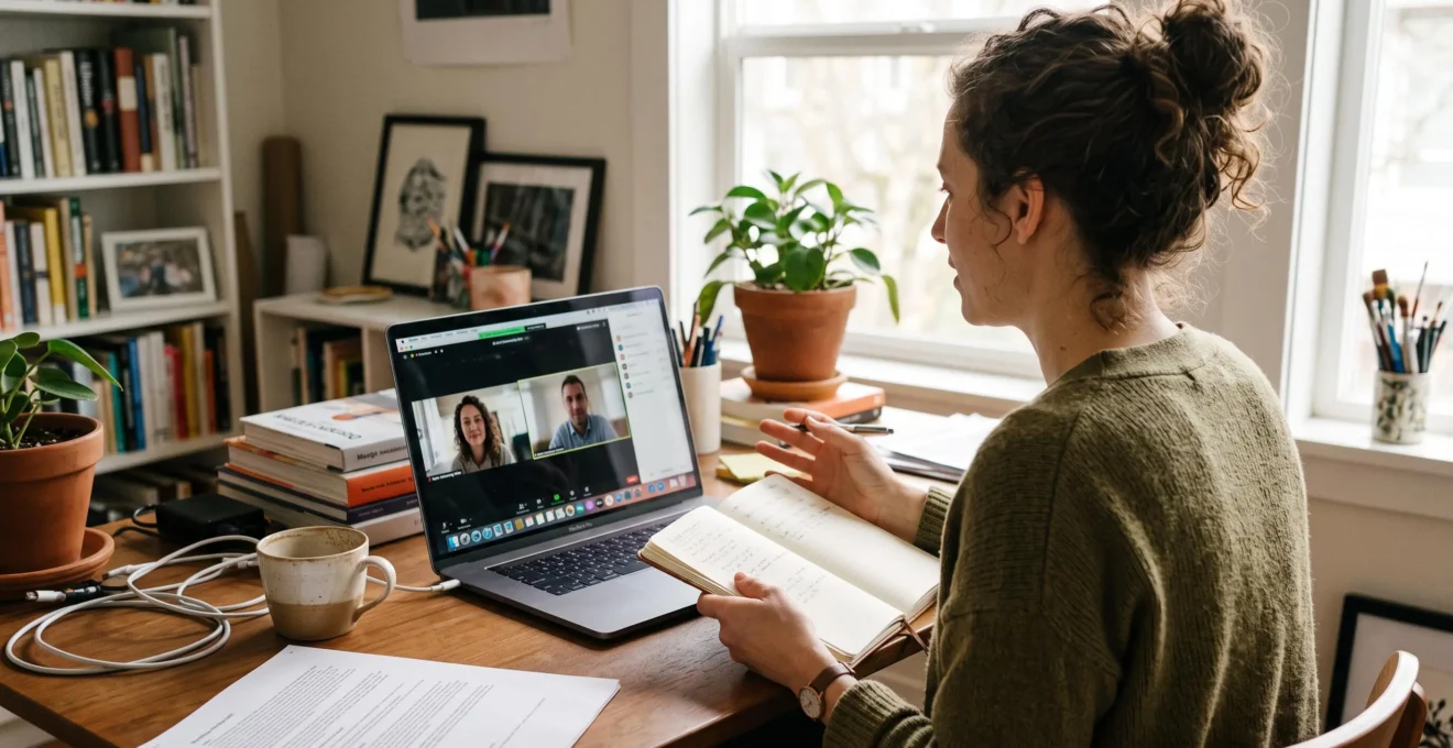 Un indépendant échange à distance avec son cabinet comptable depuis son bureau à domicile.