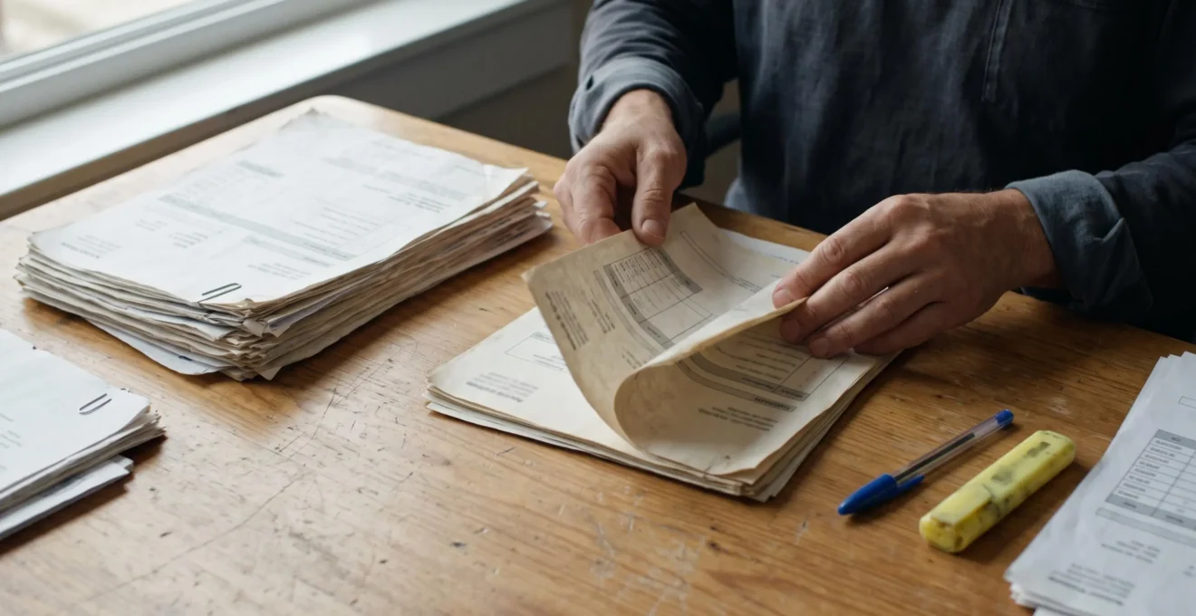 Des mains trient une pile épaisse de factures clients impayées sur un bureau.