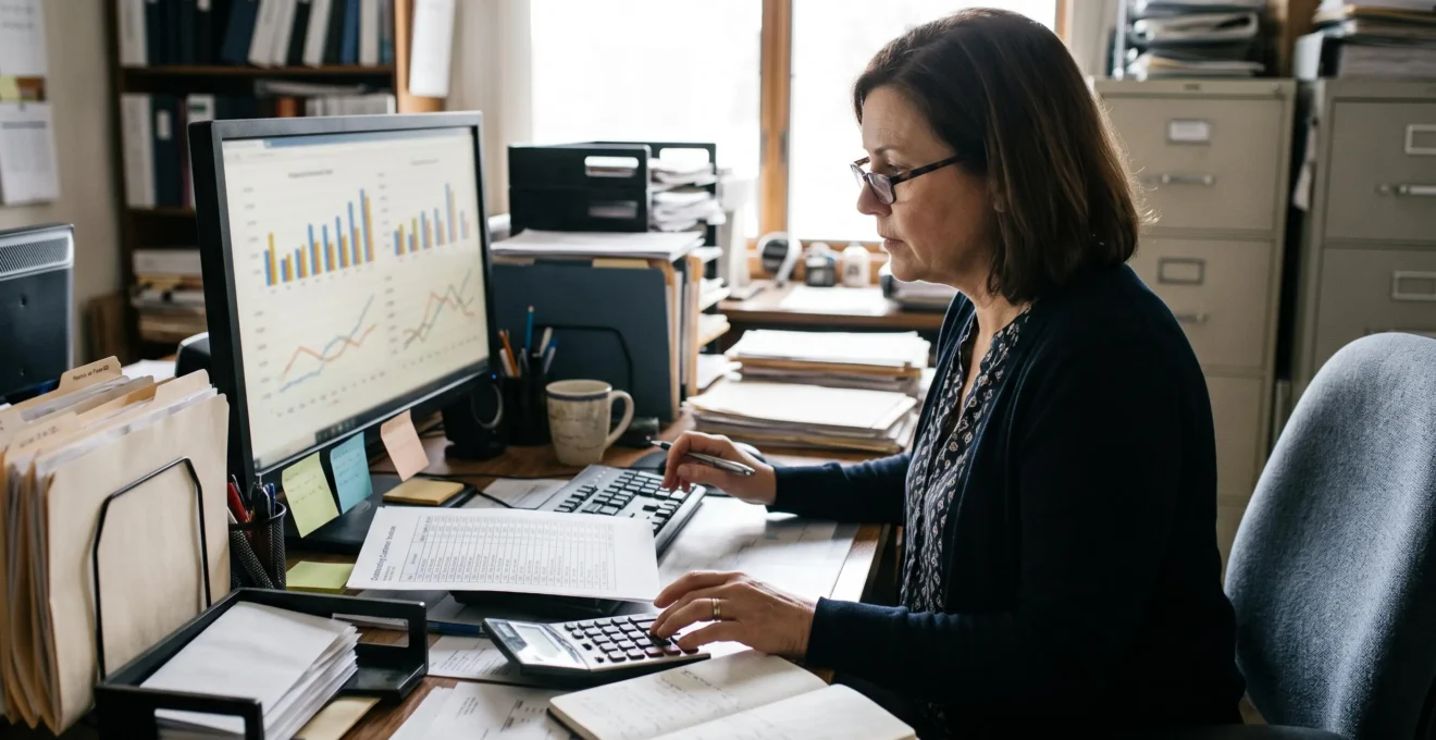Une responsable financière analyse les encours clients sur son écran dans un bureau.
