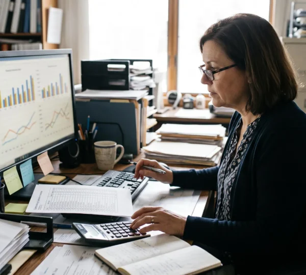 Une responsable financière analyse les encours clients sur son écran dans un bureau.