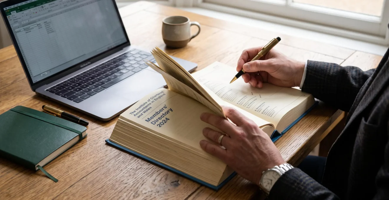Une personne consulte un annuaire d'experts-comptables et vérifie une inscription au stylo.